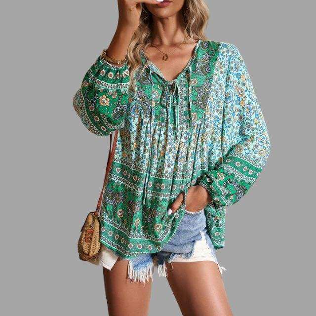 Women's Bohemian Long Sleeve V-Neck Blouse