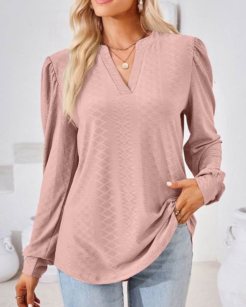 Women's V-Neck Puff Sleeve Blouse: Loose Fit, Elegant Style