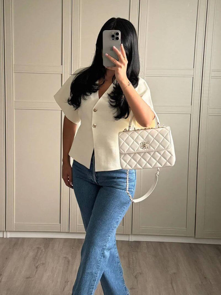 Women's Short Sleeve Boxy Jacket: V-Neck, Button Front