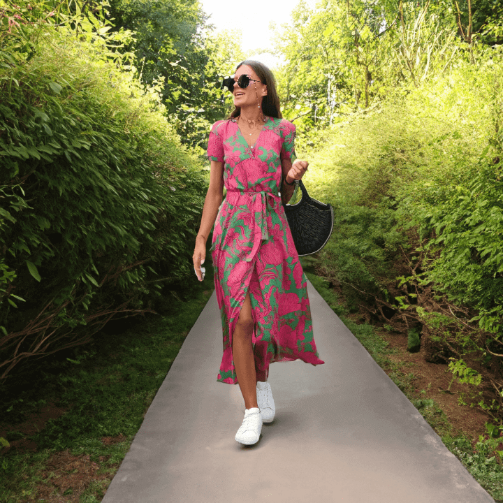 Floral Wrap Dress: V-Neck, Short Sleeve, High-Low Hem
