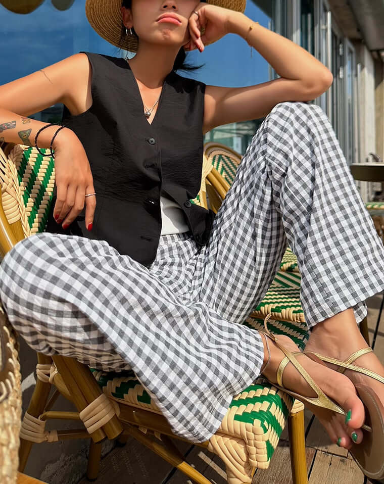 Women's Wide-Leg Gingham Trousers: Relaxed Fit, Breathable Cotton