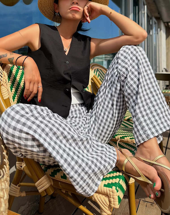 Women's Wide-Leg Gingham Trousers: Relaxed Fit, Breathable Cotton