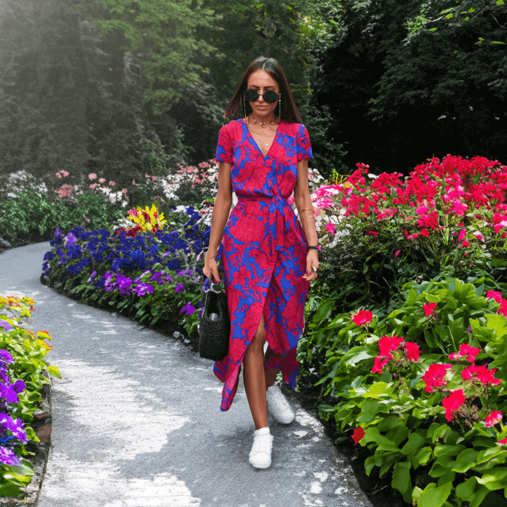 Floral Wrap Dress: V-Neck, Short Sleeve, High-Low Hem
