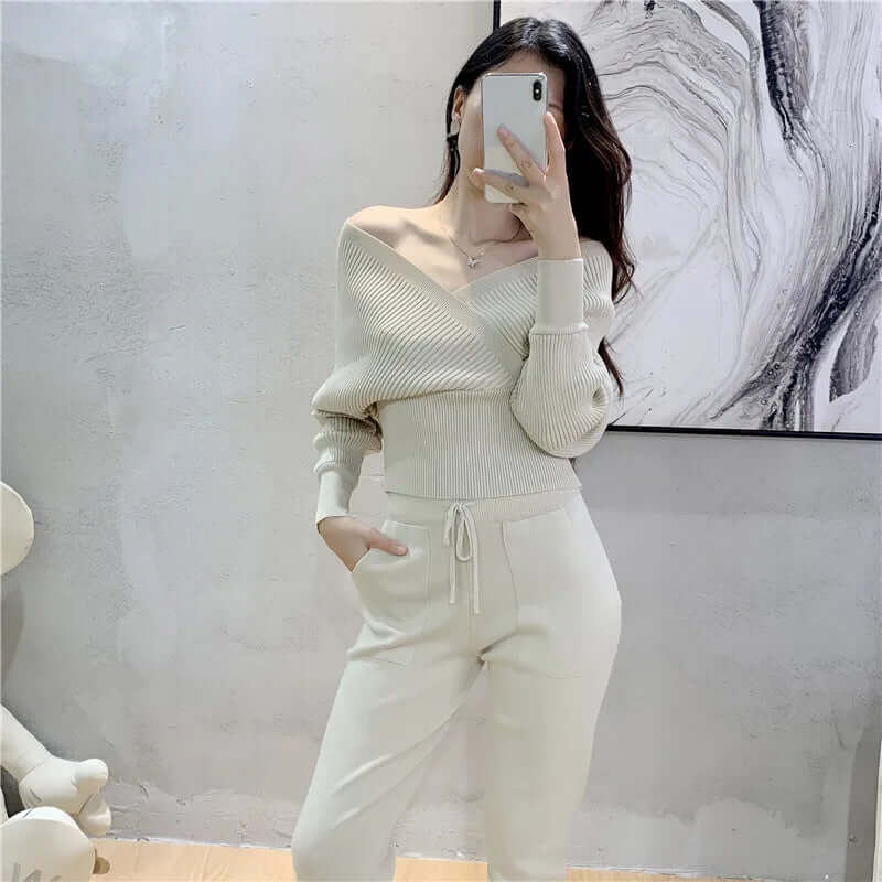 Women's Ribbed V-Neck Top & Harem Pants Set