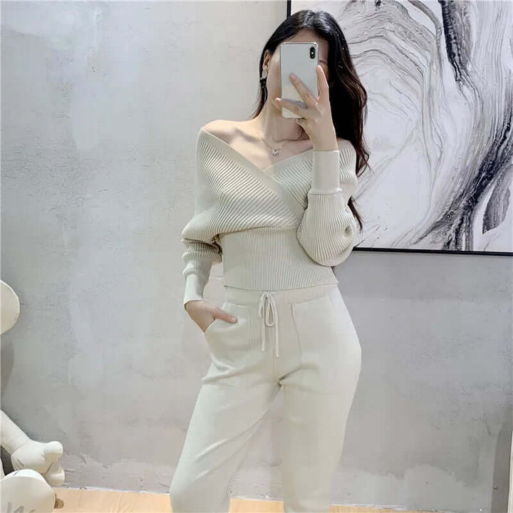 Women's Ribbed V-Neck Top & Harem Pants Set