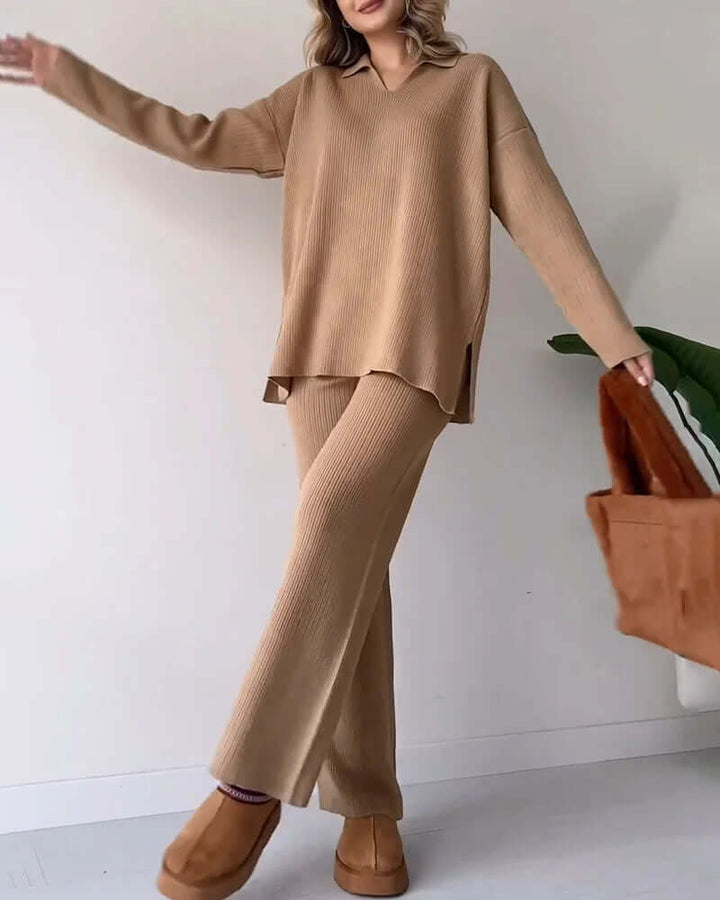 Women's Cozy Knit Loungewear Set: V-Neck Top & Flared Pants