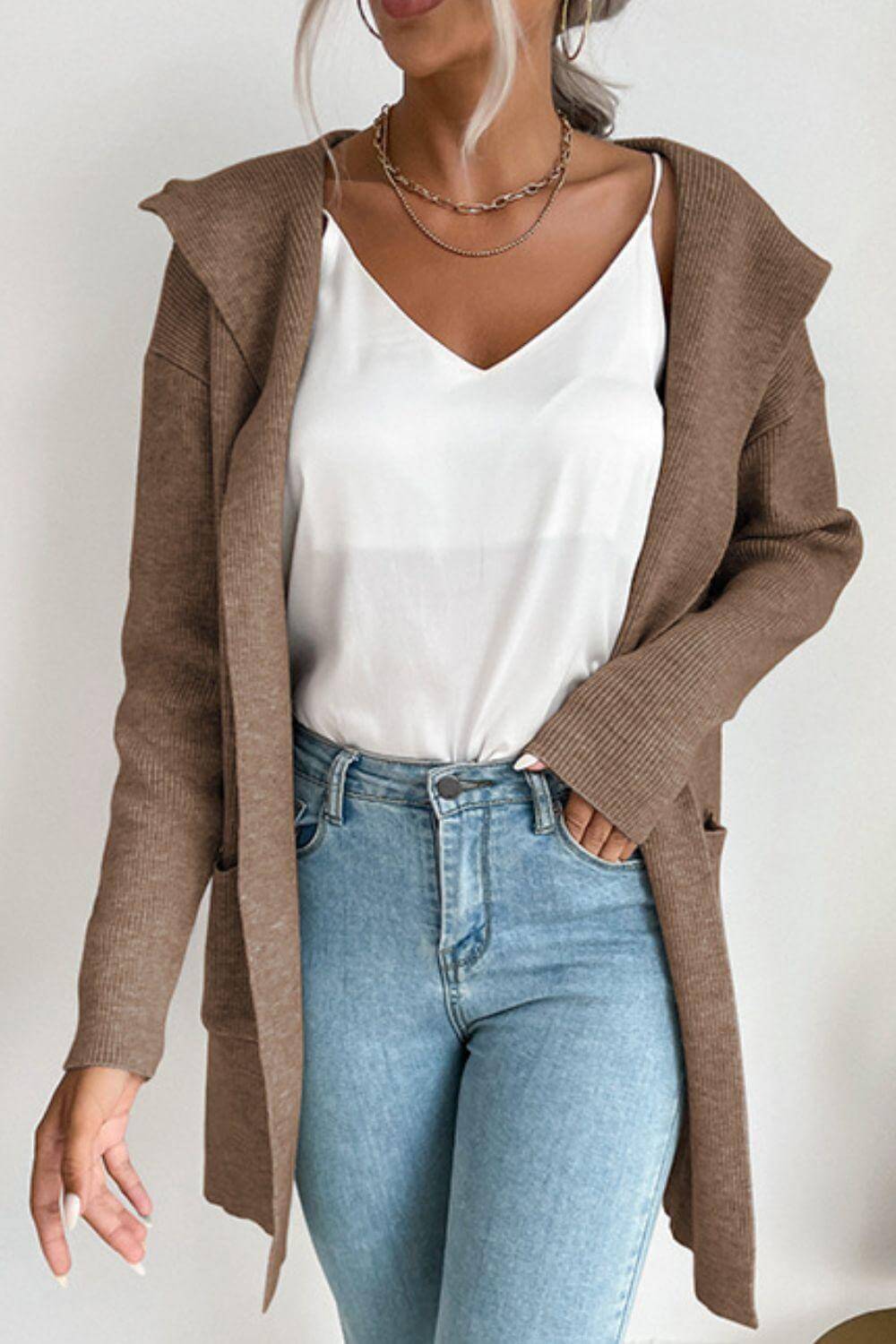 Women's Hooded Ribbed Cardigan: Cozy & Stylish Open-Front Knit