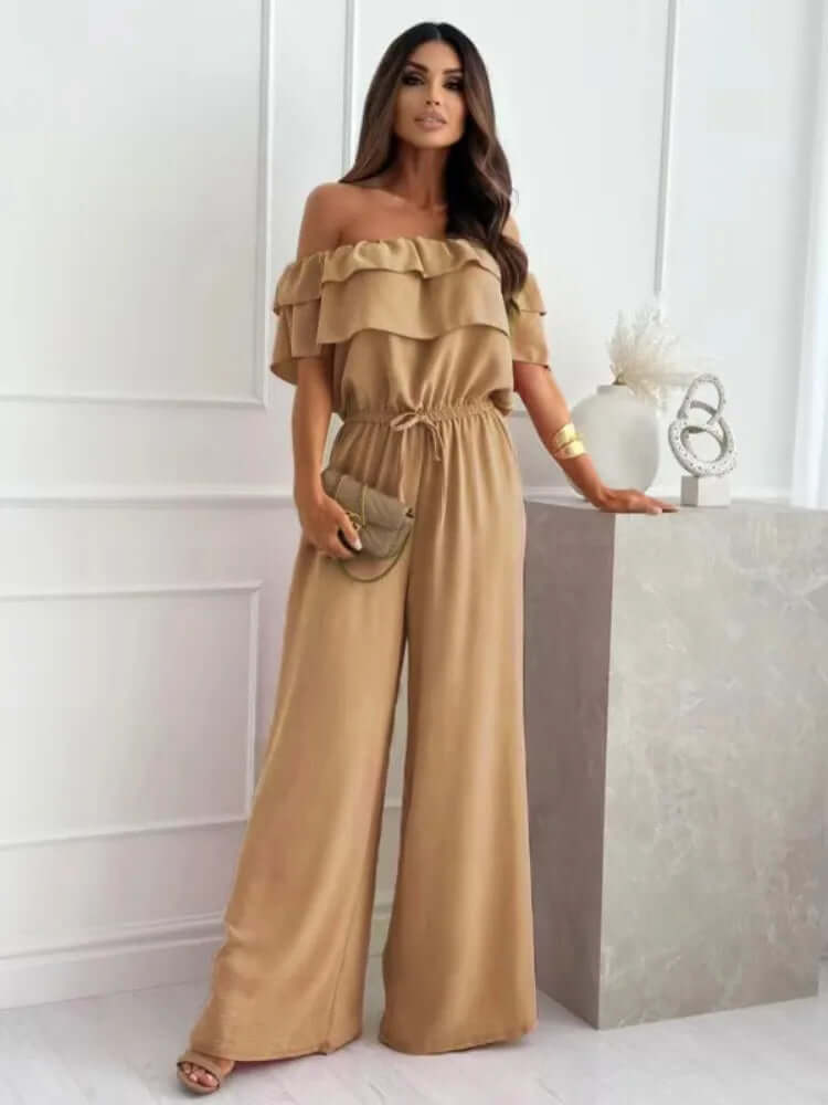 Women's Wide Leg Jumpsuit: Off-Shoulder, Ruffled Neckline