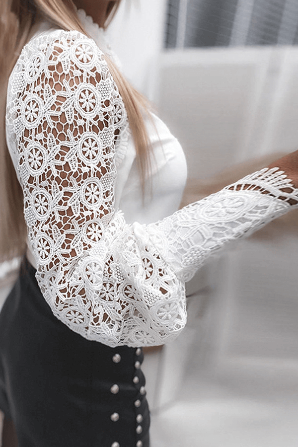 Elegant Lace Cut-Out Mandarin Collar Top