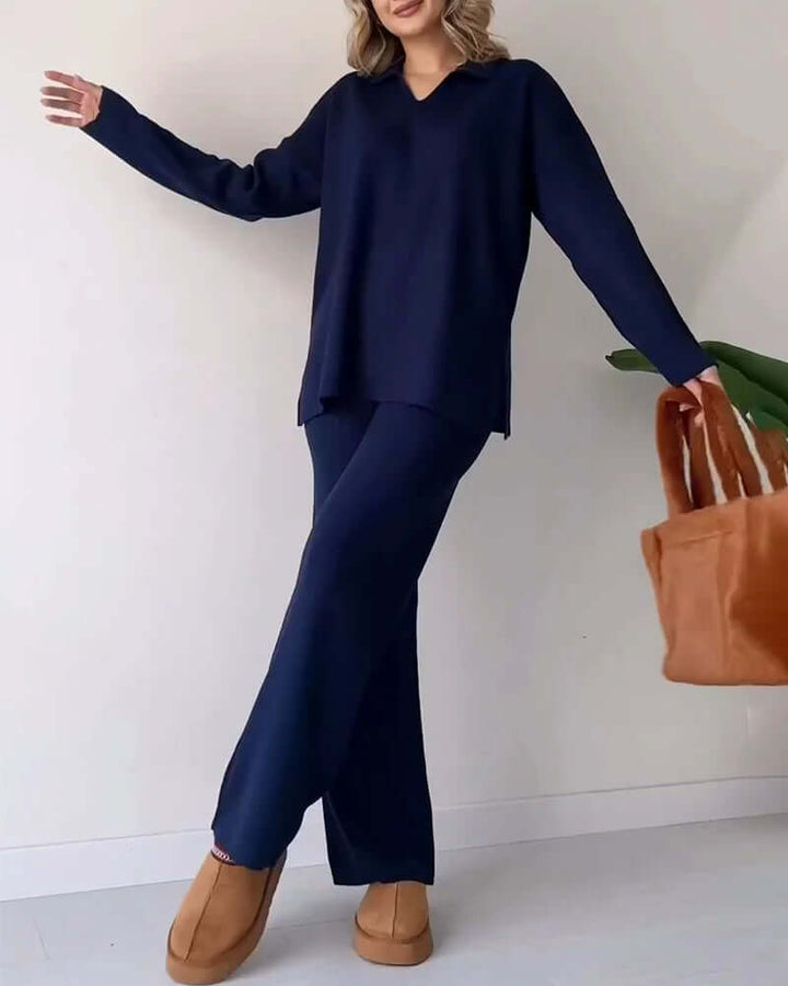 Women's Cozy Knit Loungewear Set: V-Neck Top & Flared Pants