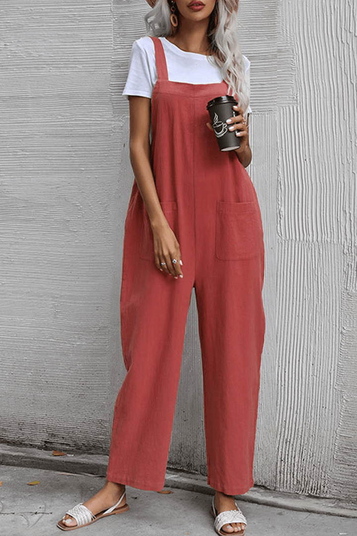 Women's Casual Pocket Button Straight Jumpsuit