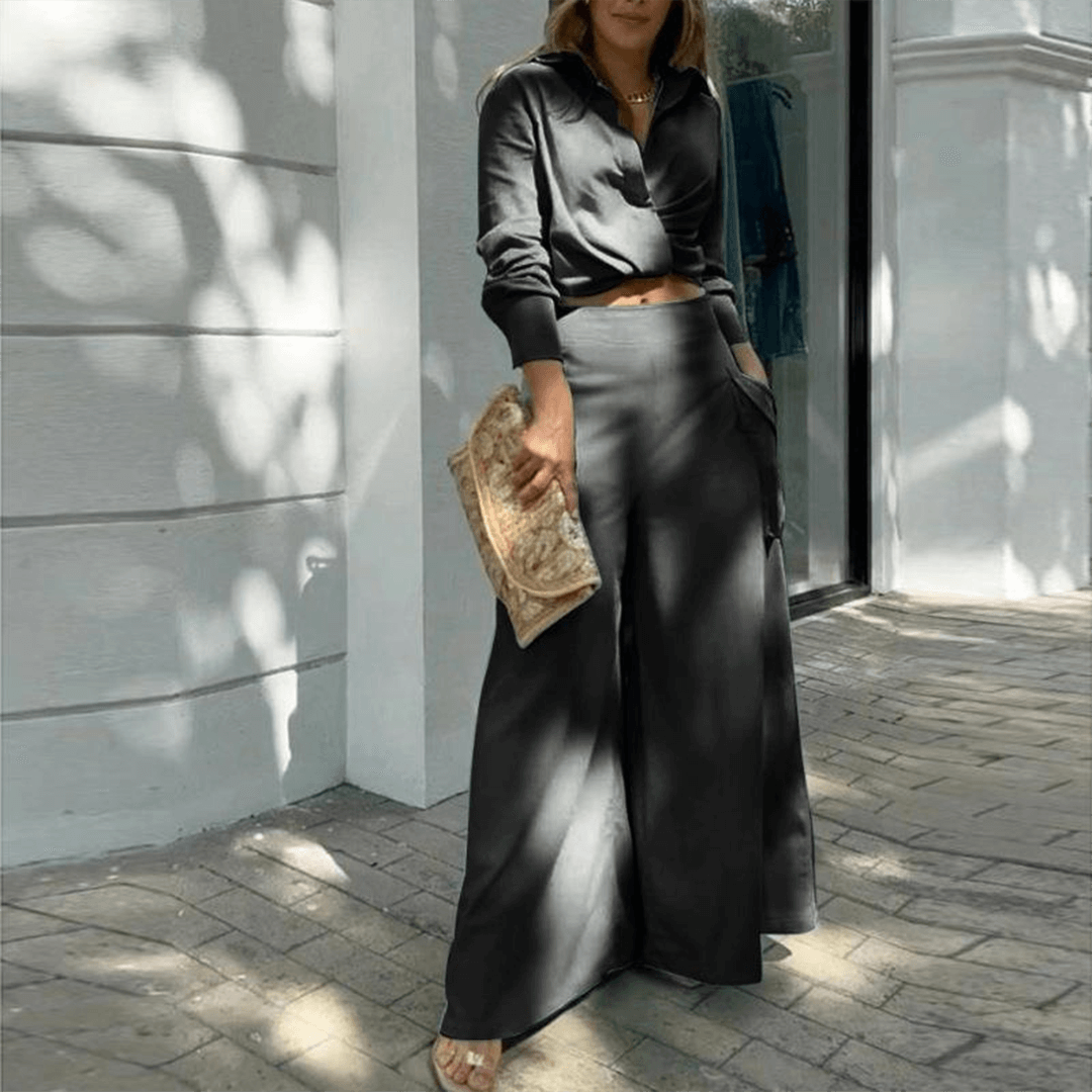 Women's Two-Piece Set: Long Sleeve Crop Top & Wide Leg Pants