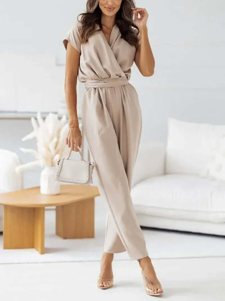 Women's Short Sleeve Wrap Jumpsuit, Tailored Fit, V-Neck