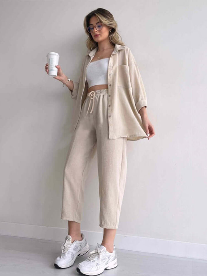 Women's Relaxed Fit Co-ord Set: Oversized Shirt & Wide Leg Trousers
