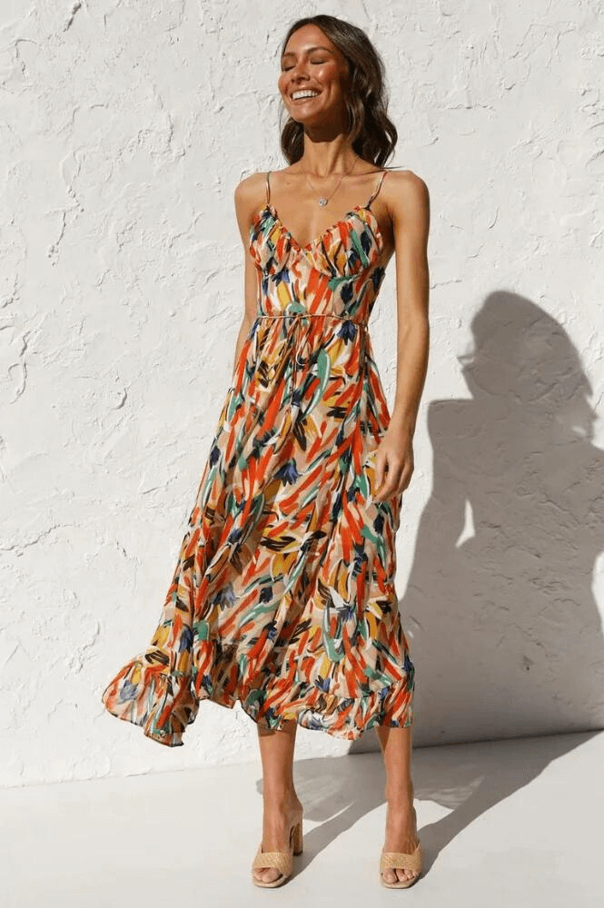 Women's Flowy Midi Sundress: A-Line, Sweetheart Neck, Ruffled Hem
