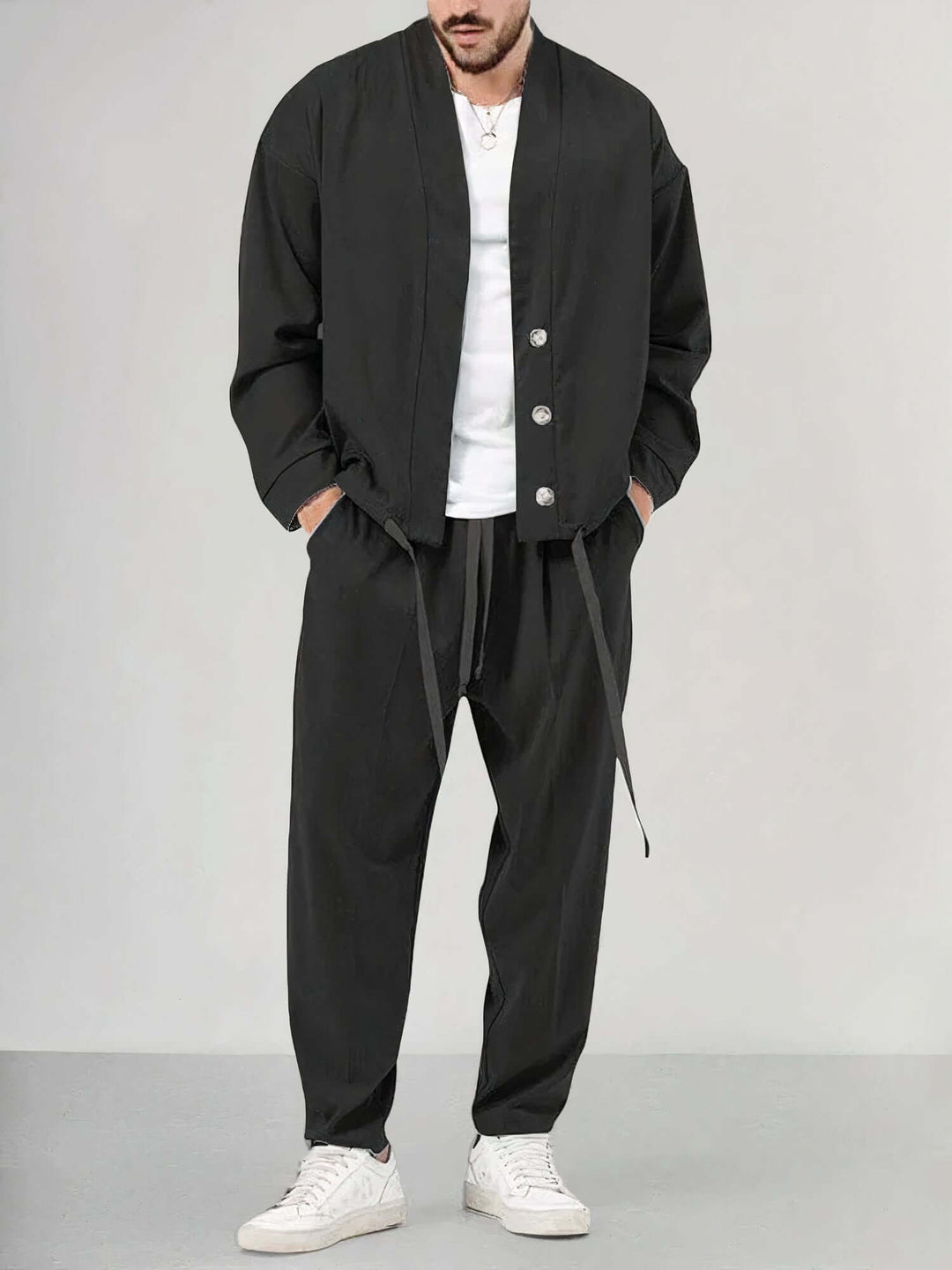 Men's Relaxed Kimono Jacket & Trousers Set: Breathable Cotton Blend