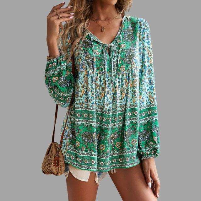 Women's Bohemian Long Sleeve V-Neck Blouse