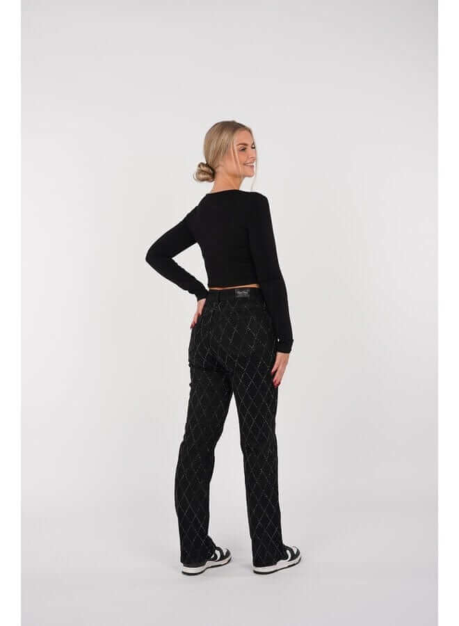 Women's Straight Leg Jeans: Diamond Pattern, Button Fly