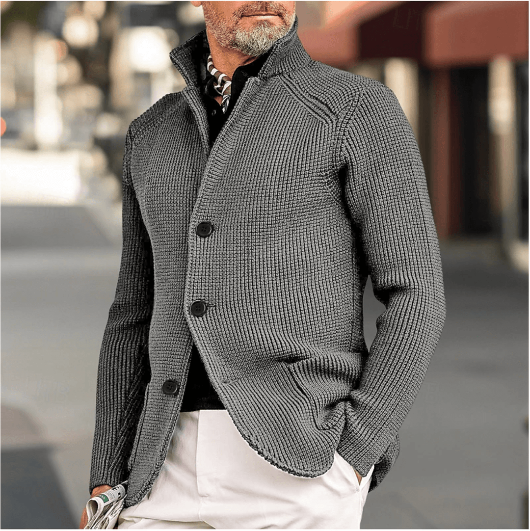 Men's Ribbed Knit Cardigan: Tailored Fit, High Collar