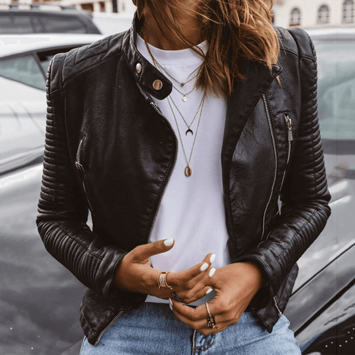 Women's Stand Collar PU Leather Jacket
