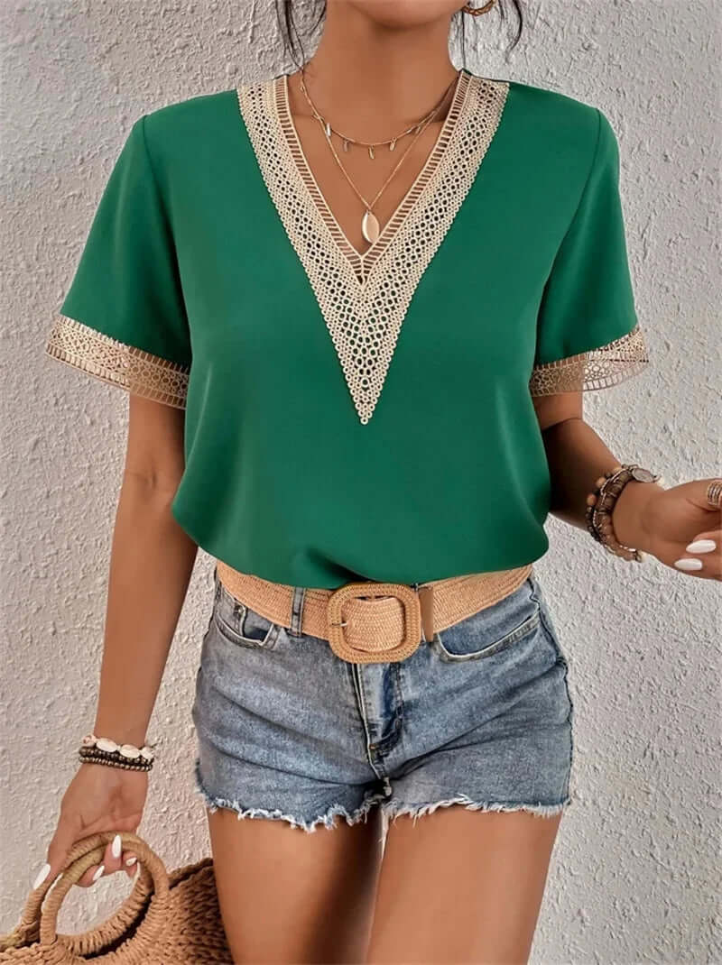 Women's Elegant Lace Short Sleeve V-Neck Blouse