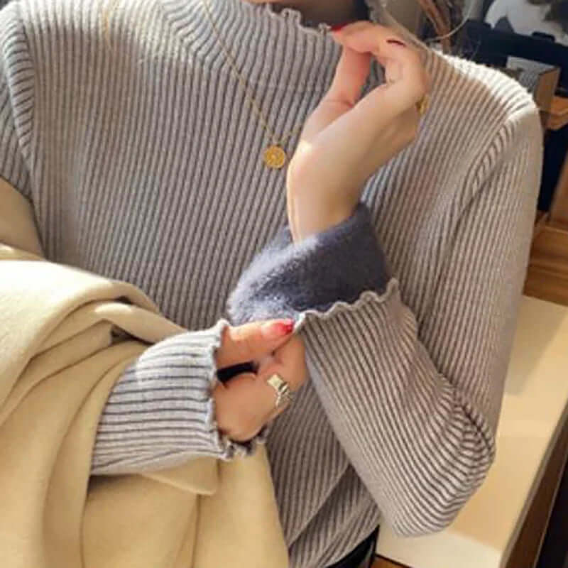 Women's Relaxed Fit Mock Neck Sweater with Ruffled Hem