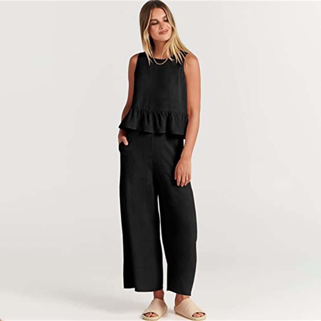 Women's Summer Sleeveless Jumpsuit: Peplum Waist, Wide Leg