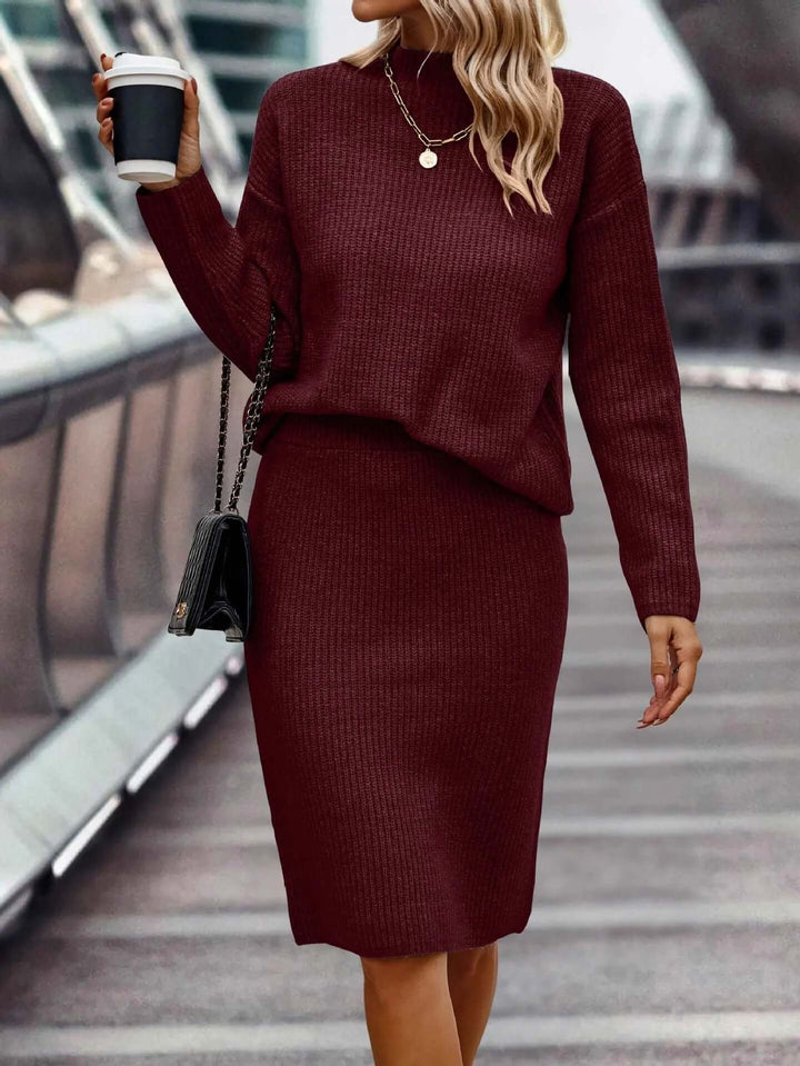 Women's Knitted Sweater & Skirt Set: High Neck, Long Sleeve, Fitted