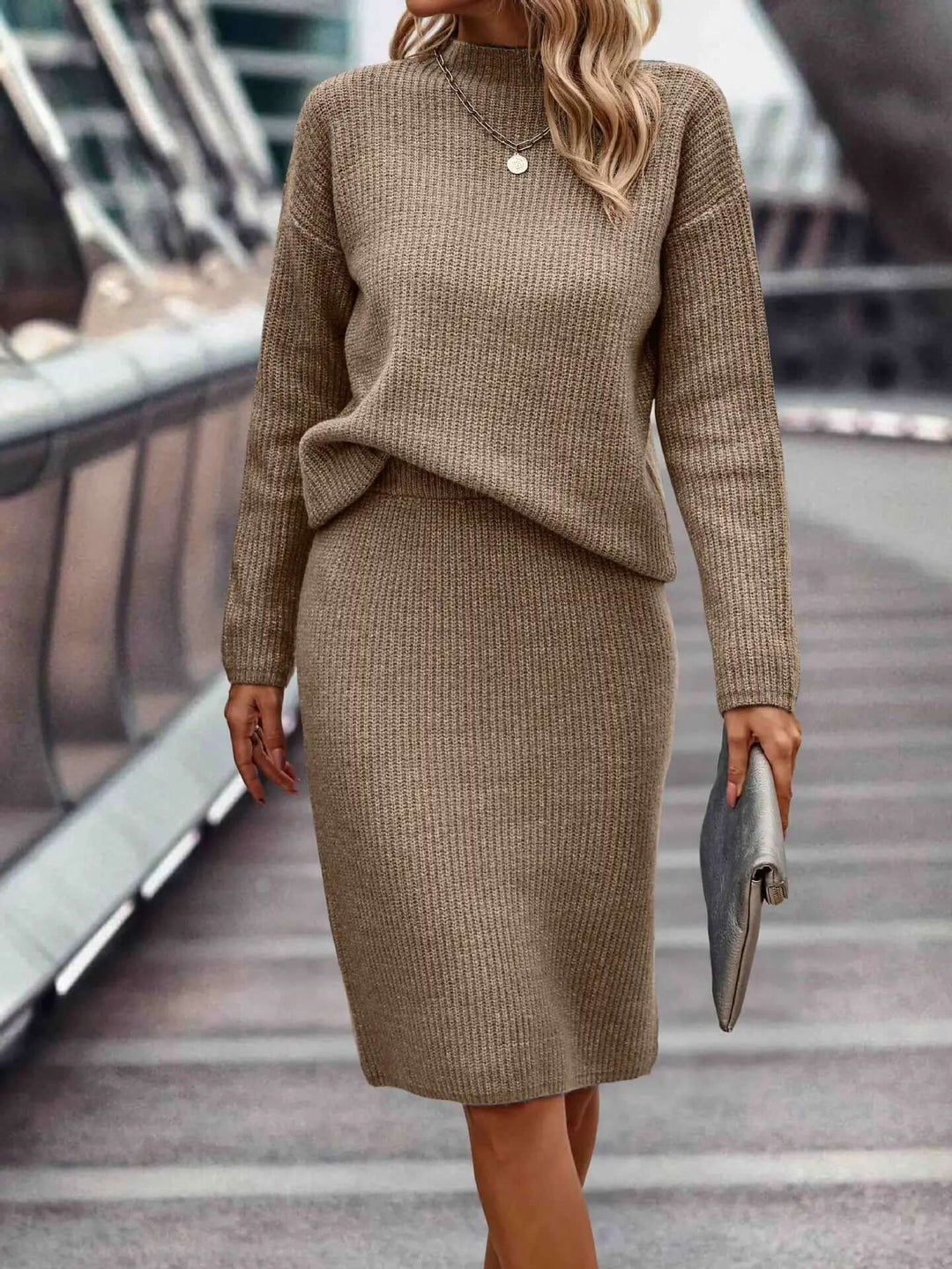 Women's Knitted Sweater & Skirt Set: High Neck, Long Sleeve, Fitted