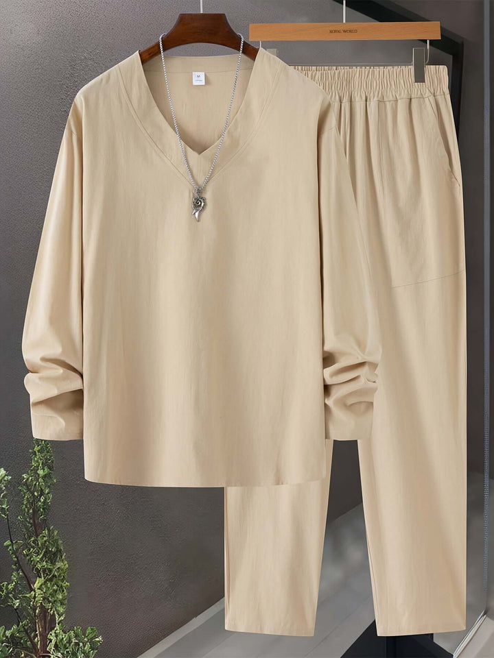 Men's Relaxed-Fit Loungewear Set: V-Neck Top & Trousers