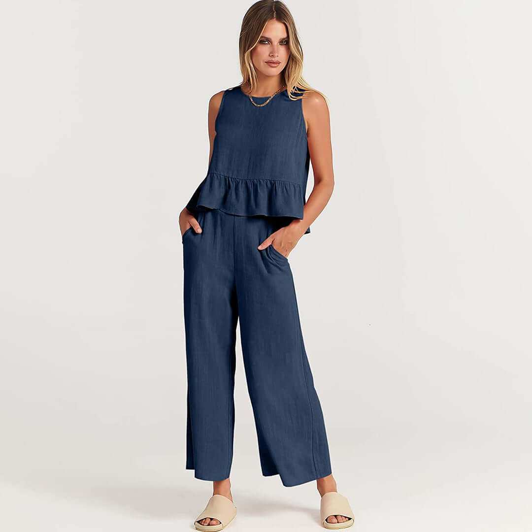 Sky Blue Relaxed-Fit Cotton Blend 2-Piece Set