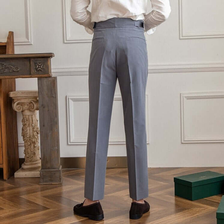Men's High-Waisted Tailored Trousers: Pleated Front, Adjustable Buckle