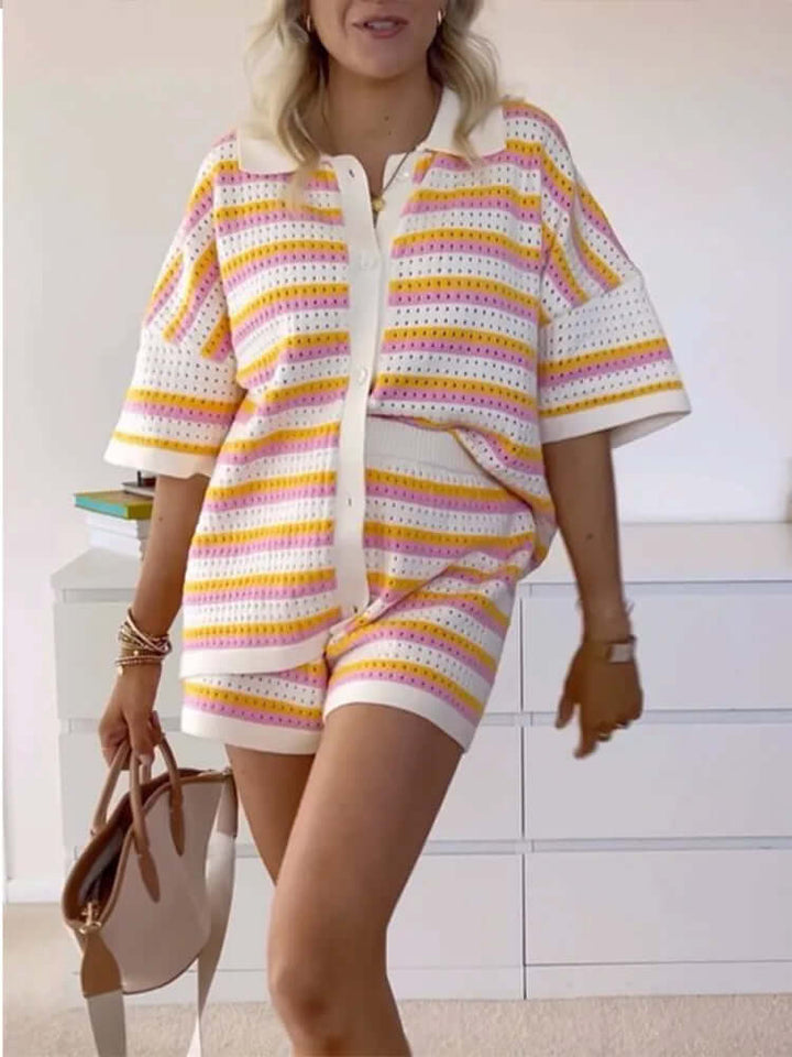 Women's Summer Knit Two-Piece Set: Striped Revere Collar Top & Shorts