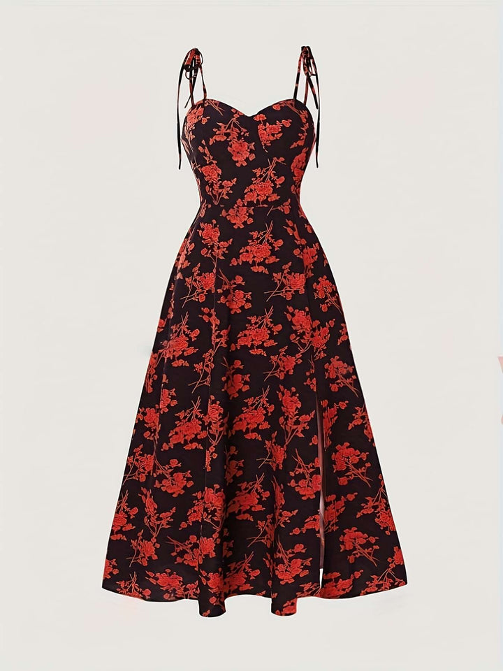 Women's Floral Print Midi Summer Dress with Tie Straps