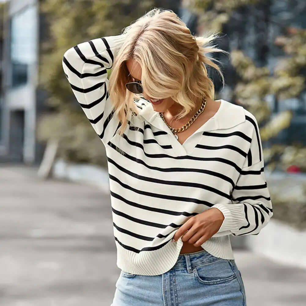 Women's V-Neck Striped Knit Sweater