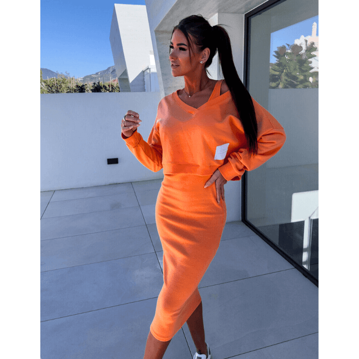 Women's Knitted Two-Piece Set: Cropped Sweater & Midi Skirt