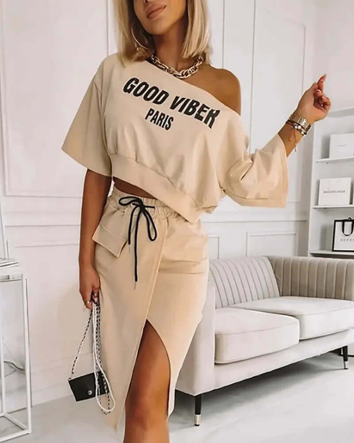 Women's Elegant One-Shoulder Crop Top & High-Split Skirt Set