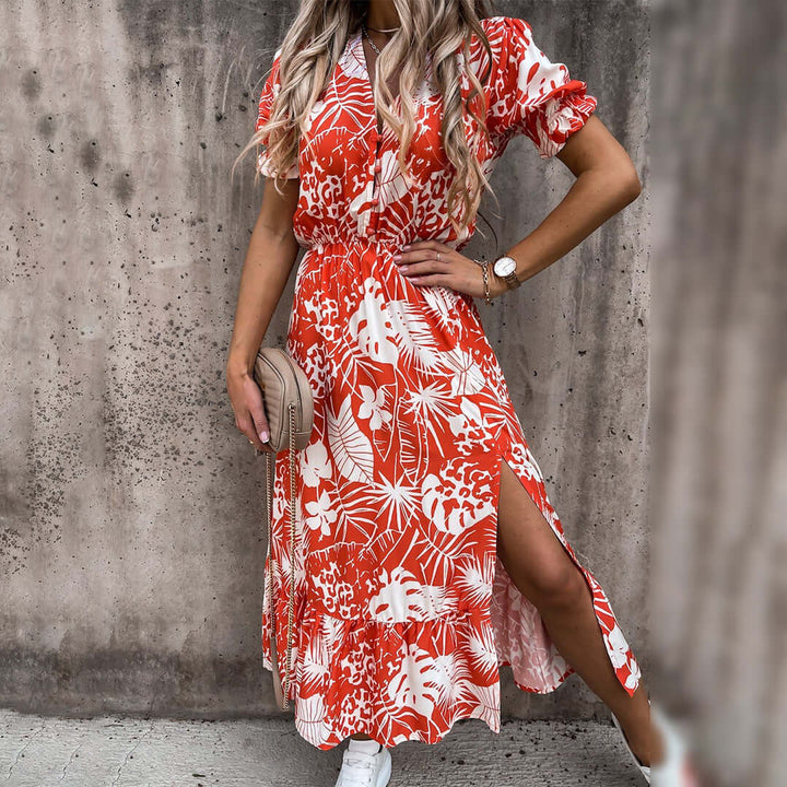 Floral Midi Dress: V-Neck, Puff Sleeves, Cinched Waist