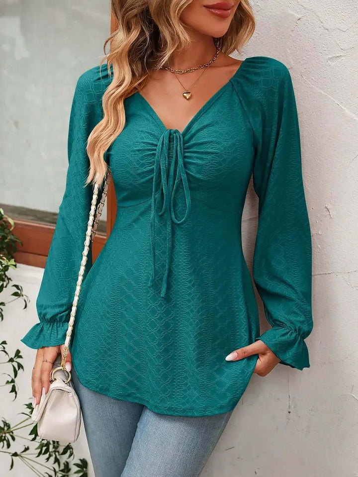 Women's V-Neck Textured Top with Flared Sleeves