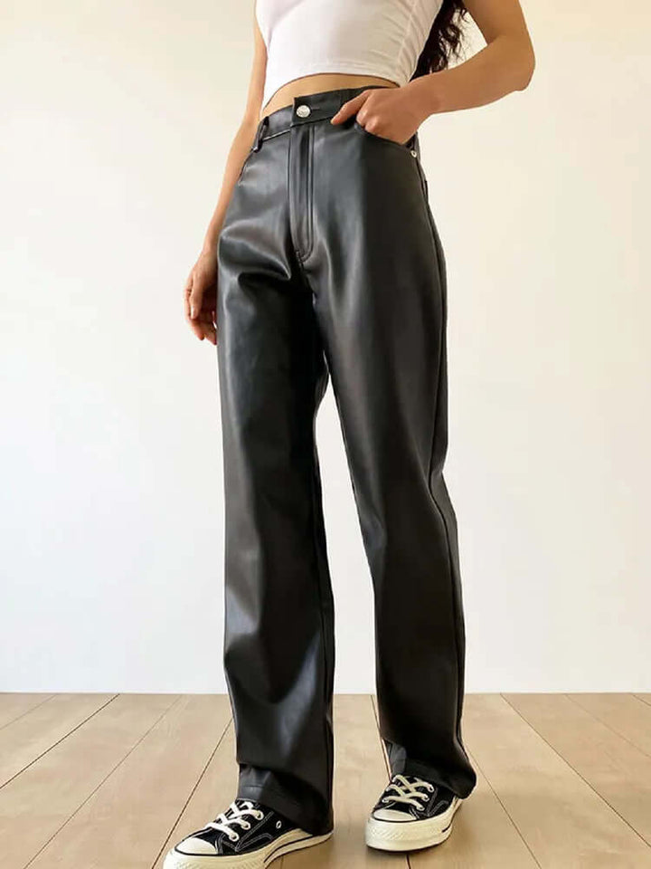 Women's High Waist Straight Leg Leather Pants