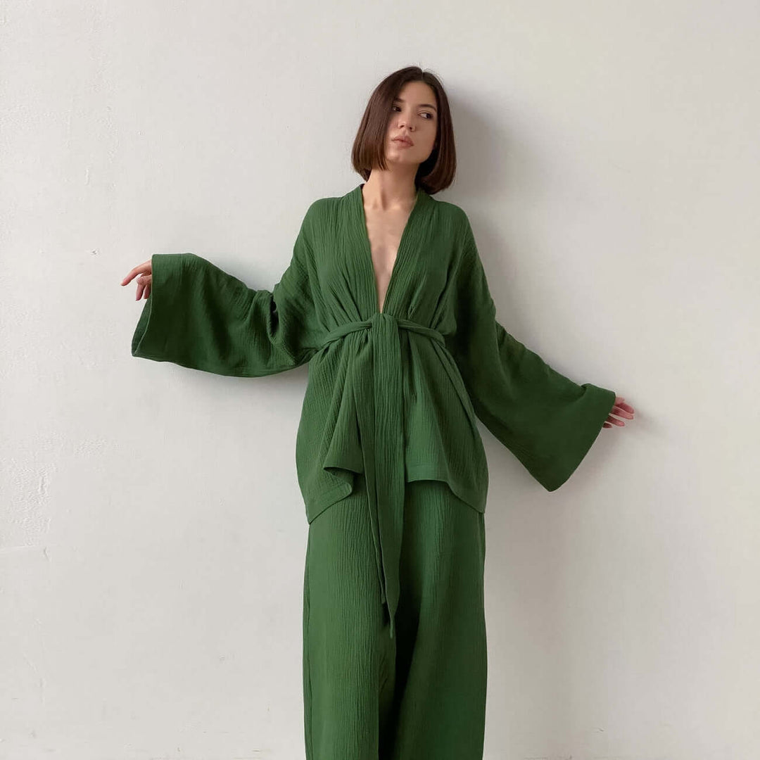 Women's Summer Two-Piece Set: V-Neck Top & Wide Leg Trousers