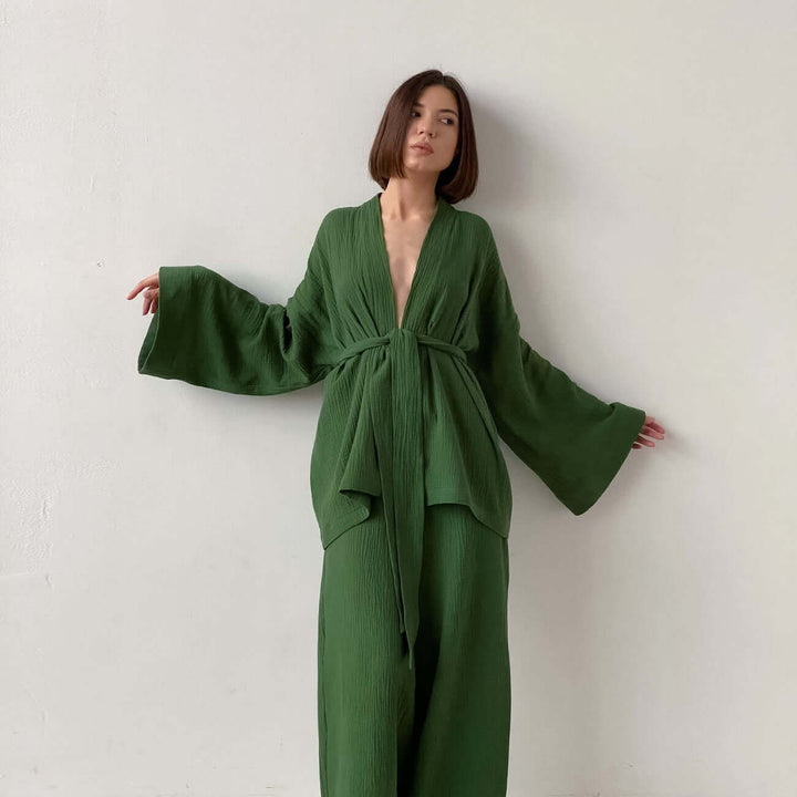 Women's Summer Two-Piece Set: V-Neck Top & Wide Leg Trousers