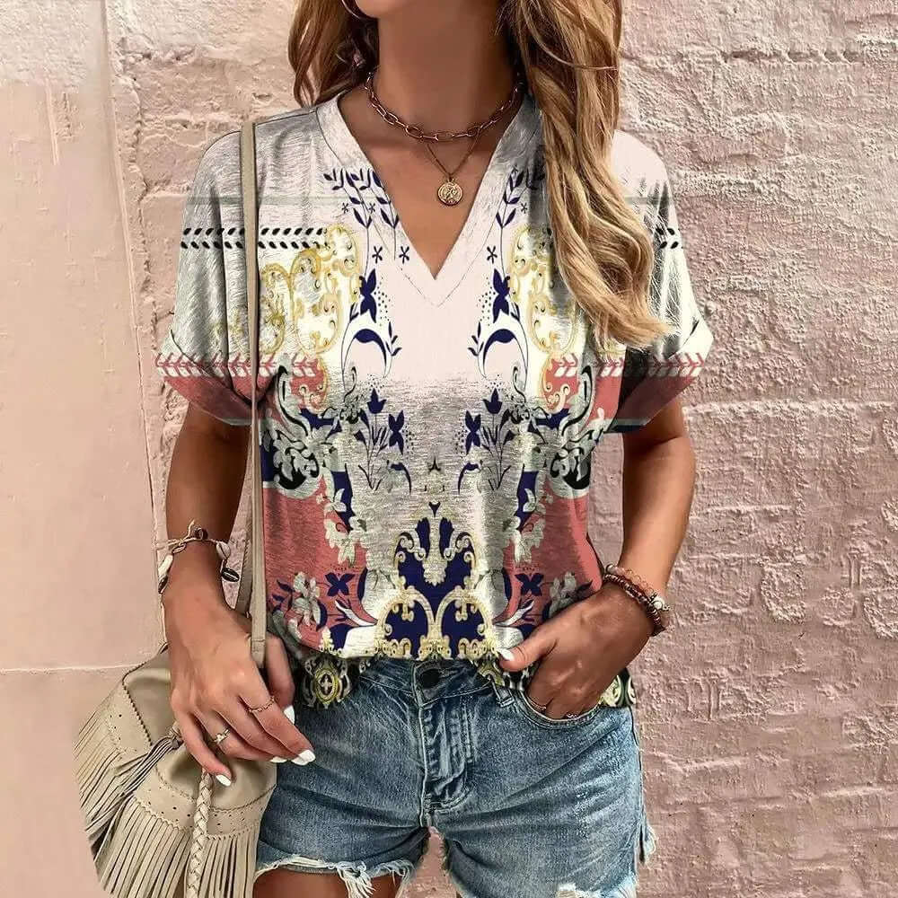 Women's Short Sleeve V-Neck Paisley Blouse