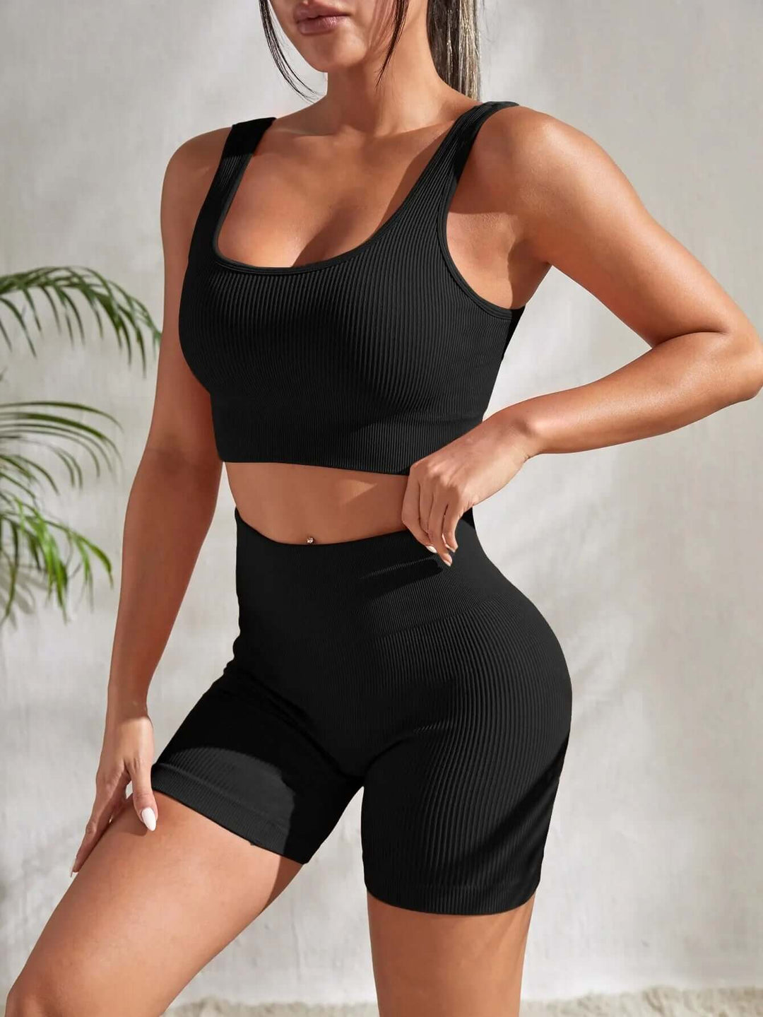 Women's Ribbed Yoga Set: Sleeveless Top & Shorts