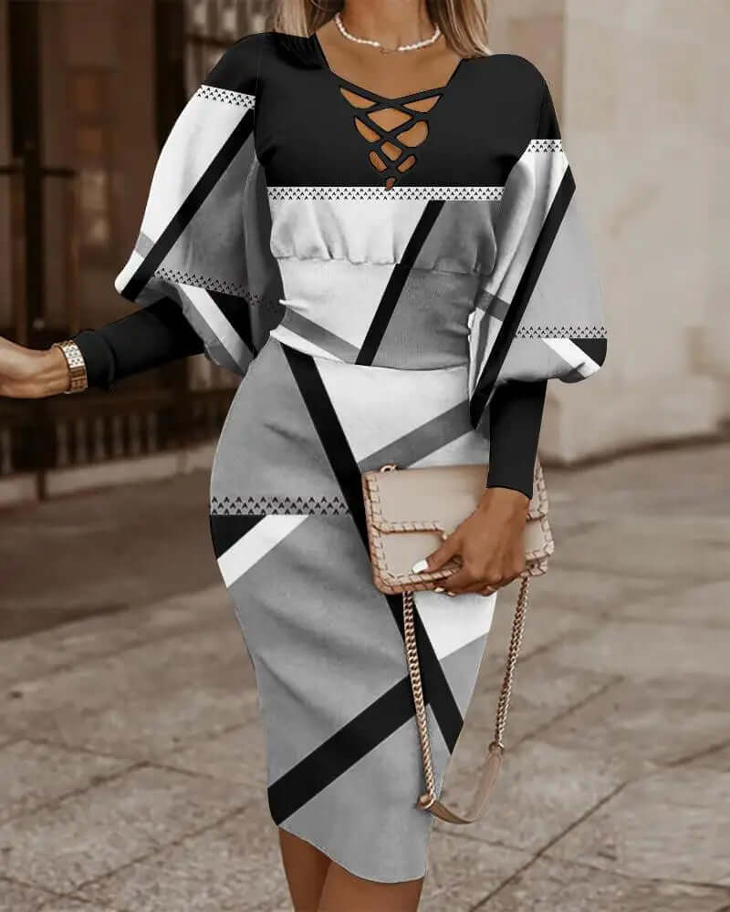 Geometric Print Women's Two-Piece Set: Batwing Top & Midi Skirt