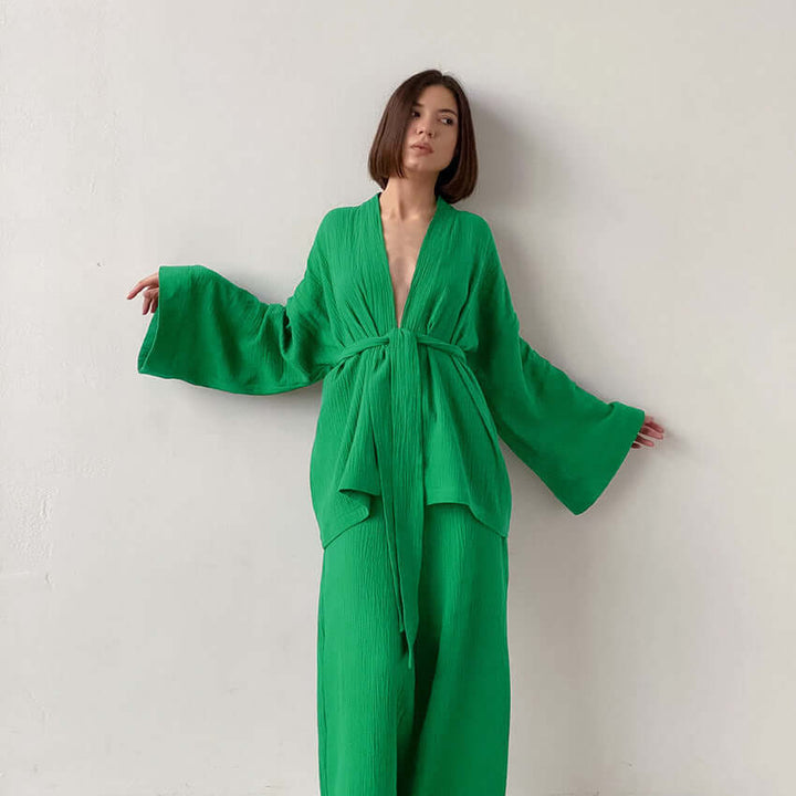 Women's Summer Two-Piece Set: V-Neck Top & Wide Leg Trousers