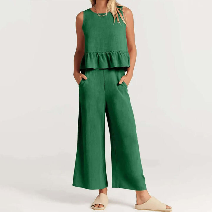 Women's Summer Sleeveless Jumpsuit: Peplum Waist, Wide Leg