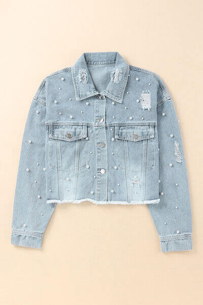 Women's Raw Hem Denim Jacket with Pearl Trim