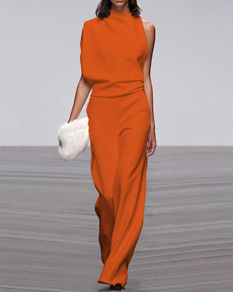 Women's Sleeveless Wide Leg Jumpsuit: Mock Neck Elegance