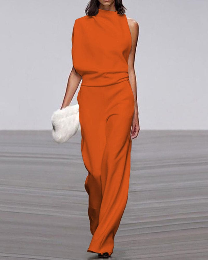 Women's Sleeveless Wide Leg Jumpsuit: Mock Neck Elegance